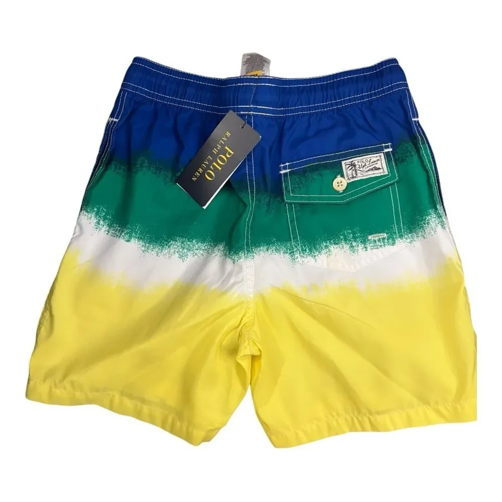 Boys Polo by Ralph Lauren Green White Yellow Gradient Swim Trunks